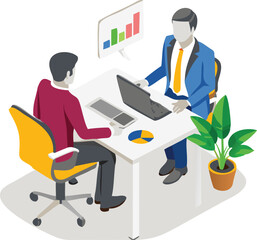 Obraz premium Two business people at a desk with a laptop, chart, phone, and plant in an office setting shown