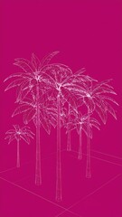 Wireframe depiction of a palm grove against a vibrant electric magenta background with an abstract and digital art style