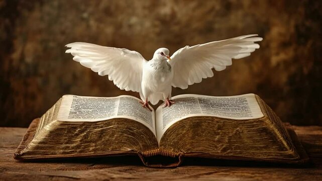 Symbolic imagery of peace dove perched on antique book, concept of hope and spirituality