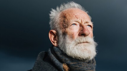Portrait of elderly man with white hair and beard in dark scarf gazing upward, evoking themes of reflection, wisdom, and aging in a moody setting