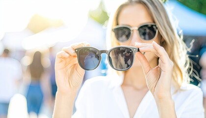 Woman Holding Sunglasses at Outdoor Pop-Up Market on a Sunny Day with Blurred Background