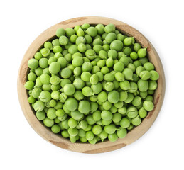Fresh green peas in bowl isolated on white, top view