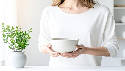 Woman in White Sweater Holds a Ceramic Bowl over a White Surface in Brightly Lit Room