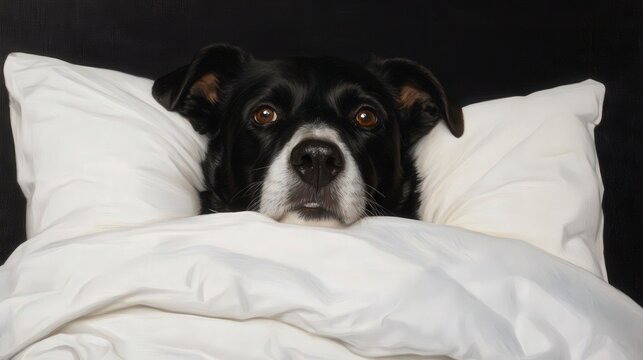 Heartwarming Senior Mutt Resting in Bed with Soft Pillows and Blankets, Perfect for Pet Lovers and Animal Fans