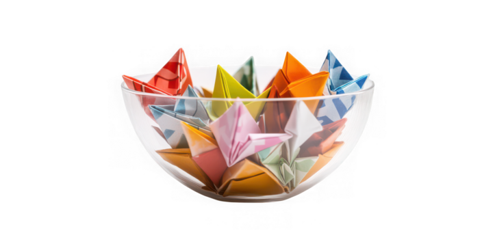 Colorful Origami Stars in Clear Glass Bowl on White png transparent background