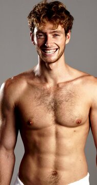 Happy, skincare and man with towel in studio for wellness, cleaning and hygiene routine. Dermatology, muscular and portrait of person with confidence with abs, washing or shower on gray background