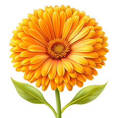 A vibrant orange calendula flower with green leaves is isolated on transparent background