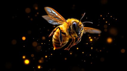 Bright honey bee hovering with a glowing pollen trace on black background, perfect for environmental themes, conservation projects, and striking nature graphics
