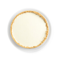 One tasty cheesecake isolated on white, top view