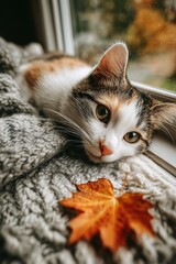 Domestic tabby and white cat relaxing indoors on gray blanket by window with autumn leaf, evoking cozy fall home atmosphere
