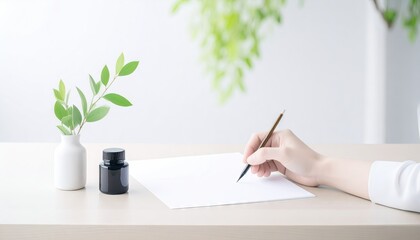 Woman's Hand Practicing Calligraphy With Ink And Brush On White Paper Over Wooden Tabletop
