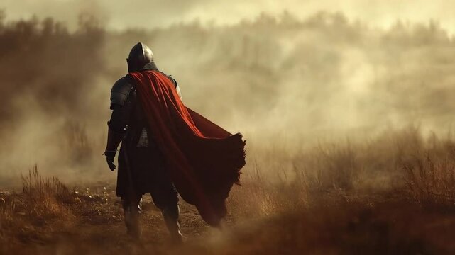 Knight in Armor with Red Cape Walking Through Dusty Battlefield