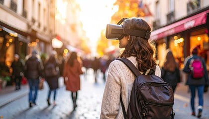 Woman Wearing Virtual Reality Headset Experiencing Street Scene Outdoors With People During Golden Hour Sunlight