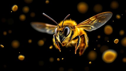 Bright honey bee hovering with a glowing pollen trace on black background, perfect for environmental themes, conservation projects, and striking nature graphics