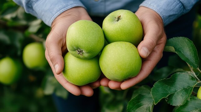 A Farmer's Hands Holding Freshly Picked Green Apples from a Tree in an Orchard on a Bright Sunny Day