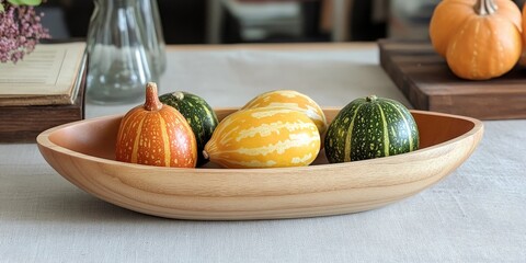 Minimalist autumn table setting with ceramic plate, decorative gourds, and subtle home decor for seasonal or Thanksgiving themes