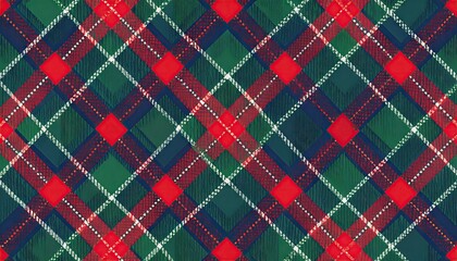 Woolen Tartan Plaid Pattern with Intersecting Stripes in Red Green and Navy Colors