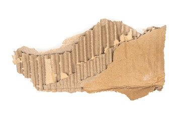 Ripped cardboard paper scraps. Piece of torn cardboard isolated on white background. damaged carton top view. Kraft paper. clipping path.