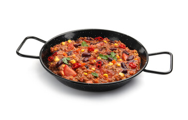 Tasty chili con carne in baking dish isolated on white