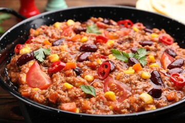 Tasty chili con carne in baking dish on wooden table, closeup