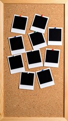 Worn Cork Bulletin Board Displaying Pinned Black And White Polaroids With Blue And Red Pins