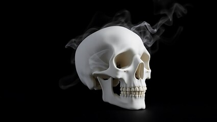 Realistic human skull emitting wisps of smoke against a dark background