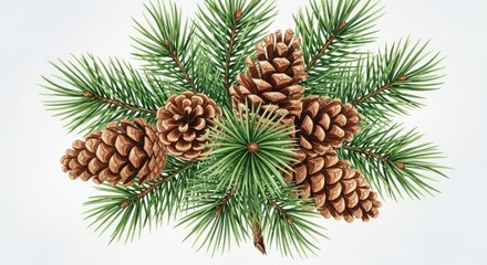Cluster of pine cones and green pine needles on a white background