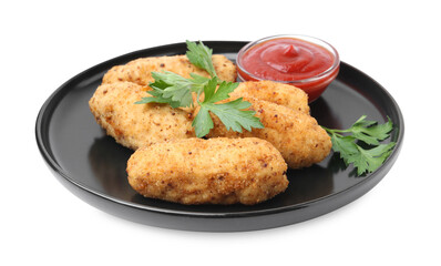 Tasty fried croquettes, parsley and sauce isolated on white
