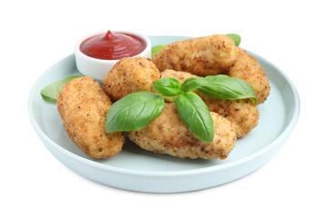 Tasty fried croquettes, basil and sauce isolated on white