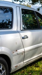 Worn Silver Car Panel Showing Rust And Weathering Under Daylight