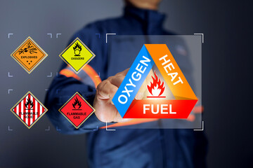 safety staff pointing on fire and behavior for understanding of fire source such as oxygen mixed heat and fuel for protection damage of life and property