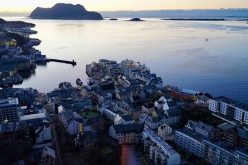 Evening view of the port city of Aalesund, Norway. Seen from the Aksla viewpoint.