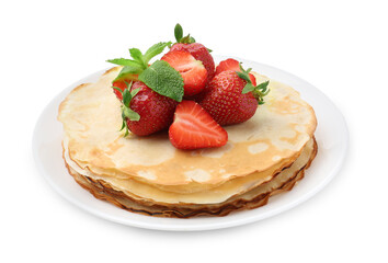 Delicious crepes with strawberries and mint isolated on white