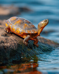Naklejka premium Sea turtle climbing on rock