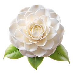 A pristine white camellia flower blooms with vibrant green leaves, isolated on transparent background
