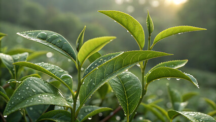 Lush Green Tea Leaves Adorned with Sparkling Water Droplets in a Tranquil and Serene Morning Scene in Nature