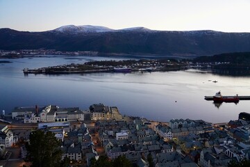 Evening view of the port city of Aalesund, Norway. Seen from the Aksla viewpoint.