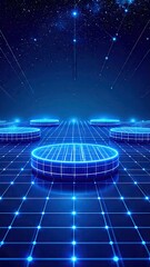 Abstract Digital Cyberspace Scene with Floating Platforms and Dotted Grid in Deep Blue Tones