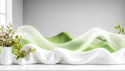 Abstract Digital Landscape With Luminous Green Lines and White Wave Texture