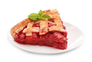 Piece of tasty strawberry pie isolated on white