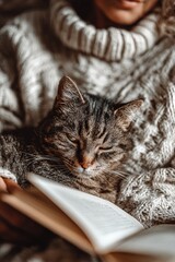 Domestic tabby cat relaxing on knitted blanket with person reading, evoking cozy home lifestyle and peaceful leisure moments