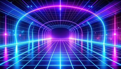 Abstract Neon Tunnel with Blue and Purple Grid Lines and Holographic Illumination