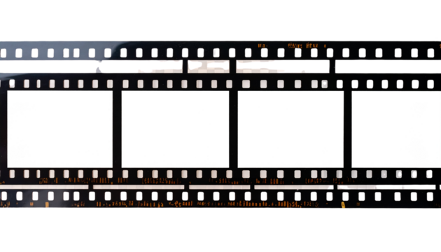 long 35mm filmstrip or border with empty frames isolated on transparent Png