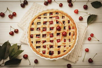 Tasty cherry pie and berries on white wooden table, flat lay