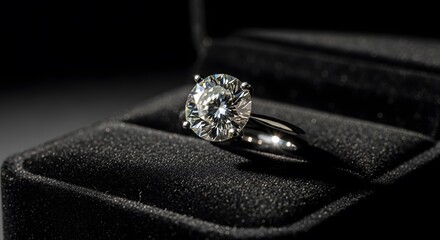Close up of sparkling diamond engagement ring in black velvet jewelry box wedding proposal gift luxury jewelry background