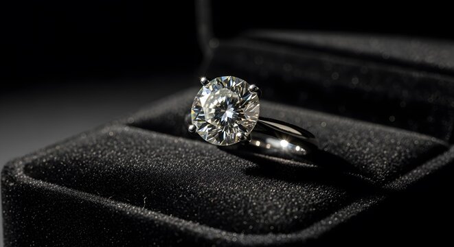 Close up of sparkling diamond engagement ring in black velvet jewelry box wedding proposal gift luxury jewelry background