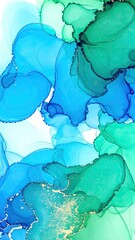Abstract Watercolor Wash Blending Cobalt And Emerald Hues On White Background