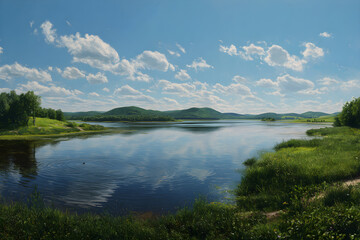 Serene Lake with Unobstructed View of Reflective Waters and Lush Surroundings