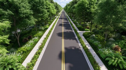 Fototapeta premium Aerial View of a Scenic City Parkway Surrounded by Lush Greenery and Bike Lanes for Friendly Cycling Adventures