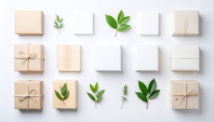 Arrangement of Sustainable Packaging Gift Boxes with Green Leaves on White Background
